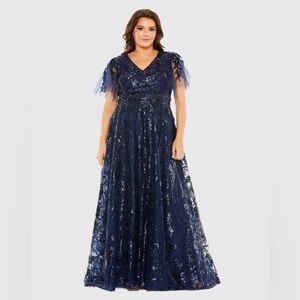 Mac Duggal 20469 NWT Navy High Neck Flutter Sleeve Embellished A-Line Gown